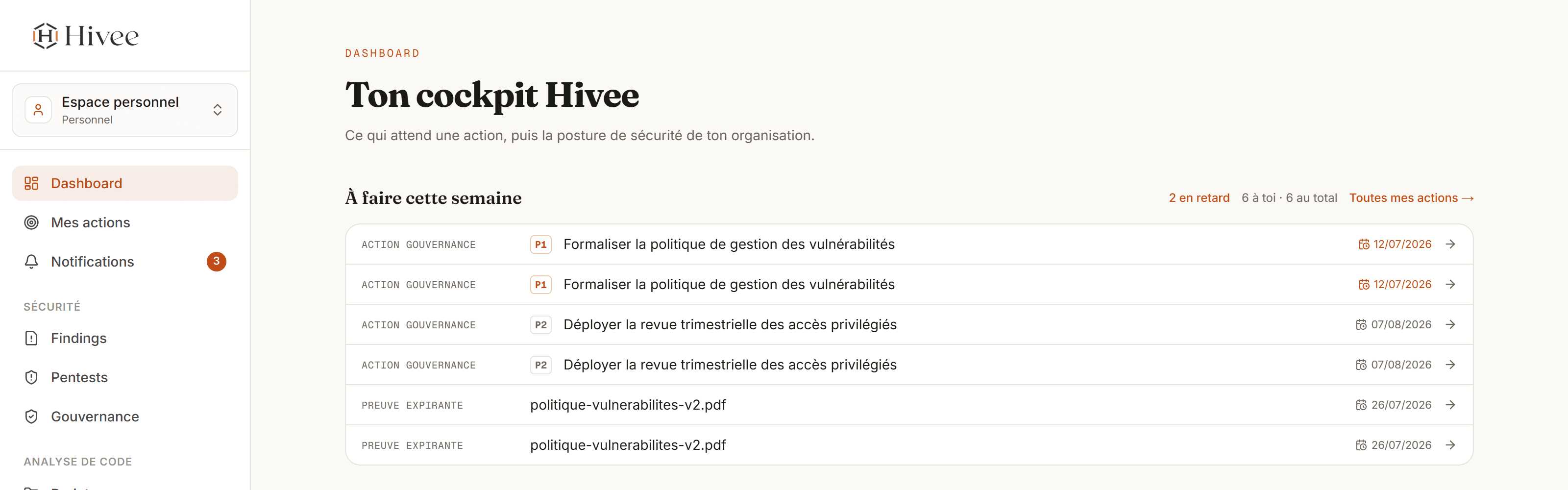 Dashboard — à faire cette semaine