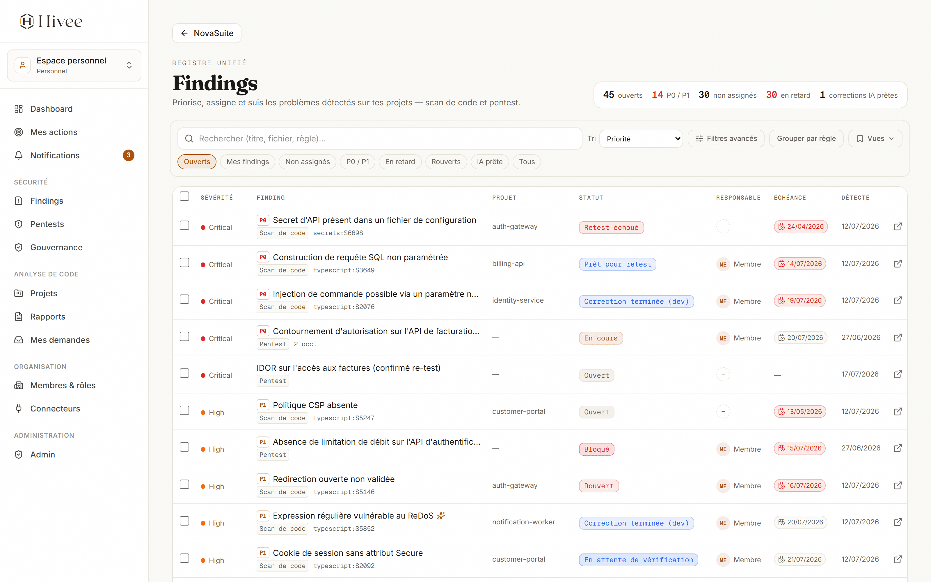 Findings Command Center — inbox transverse
