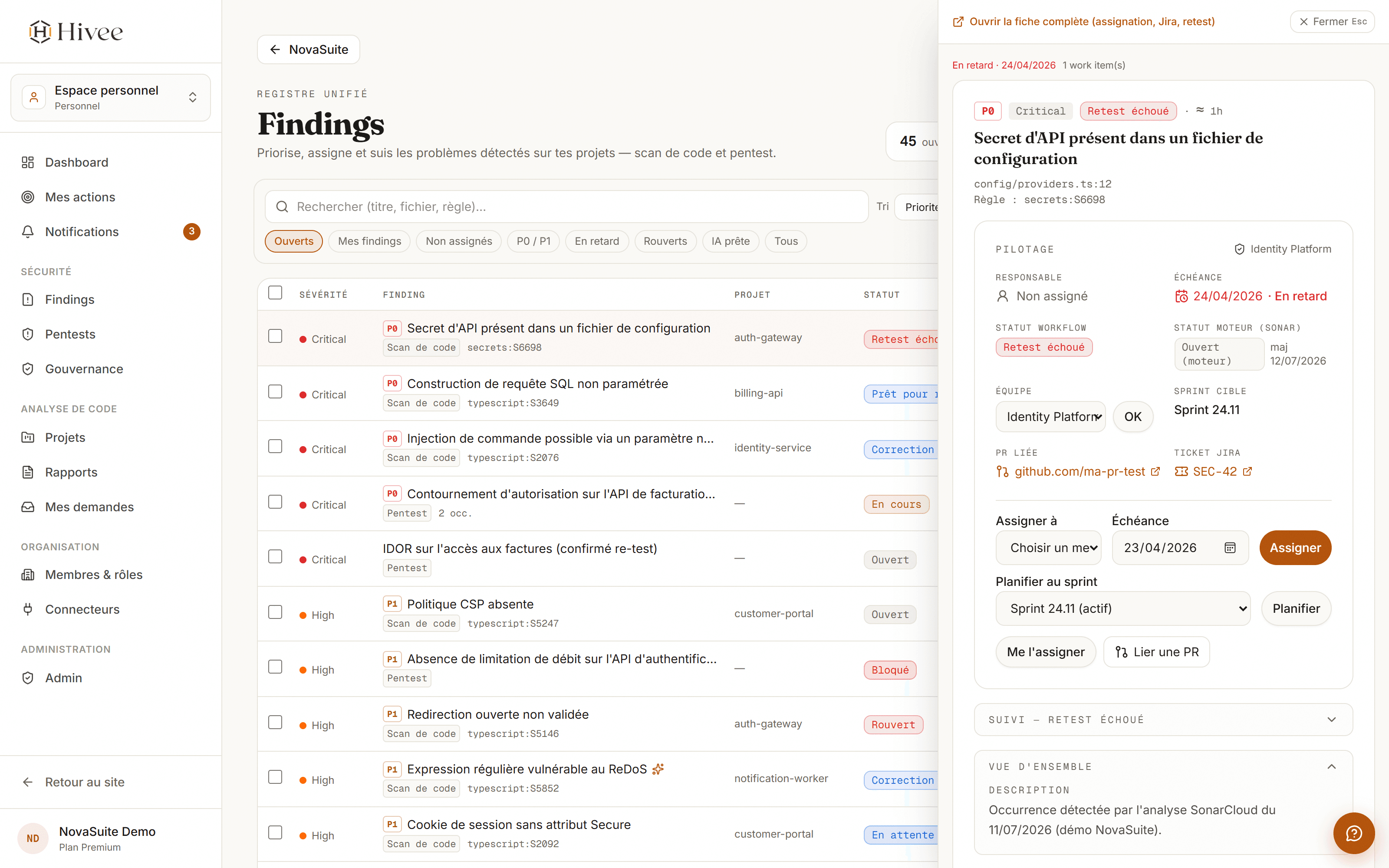 Inbox findings — fiche ouverte en split-view