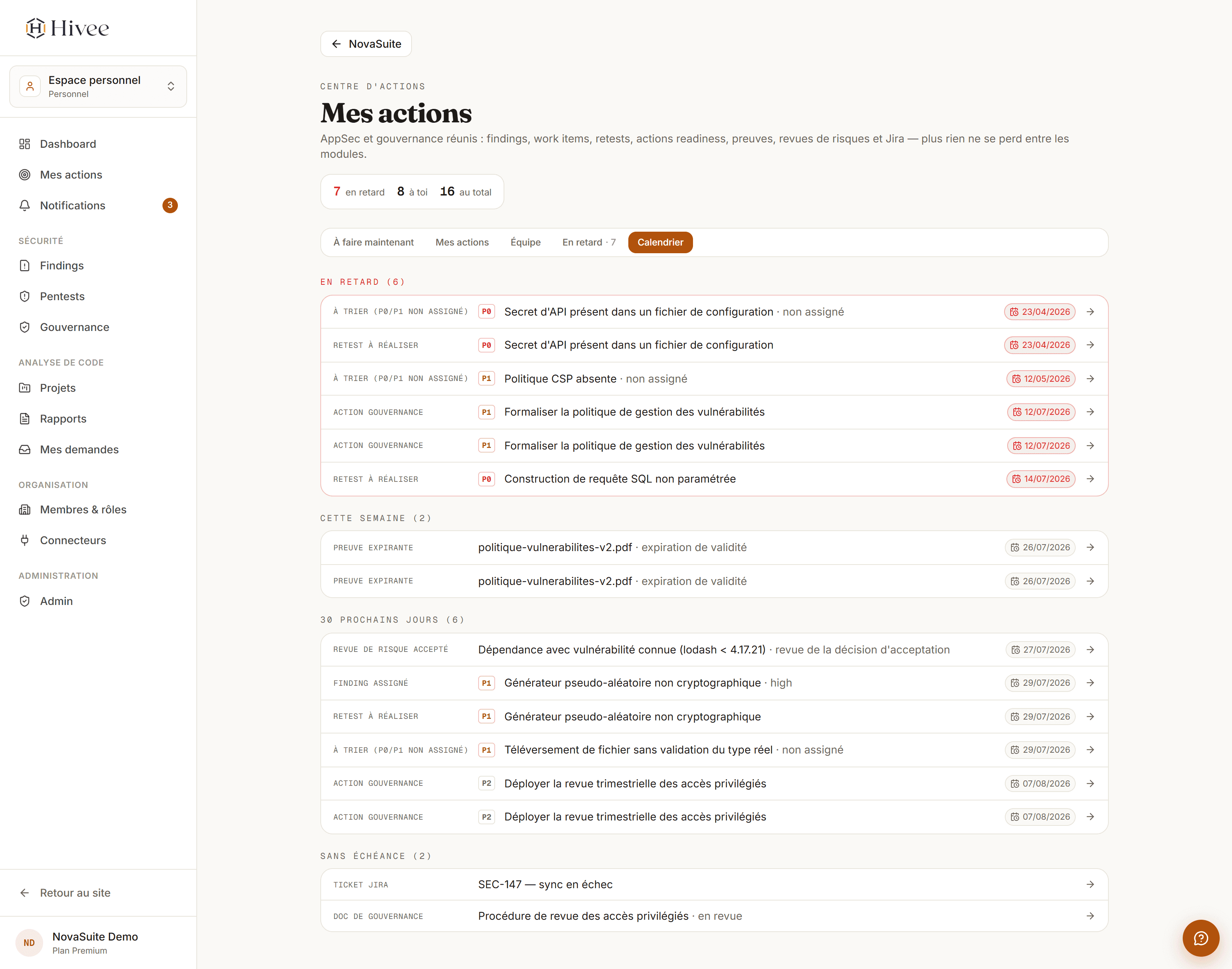 Mes actions — vue calendrier